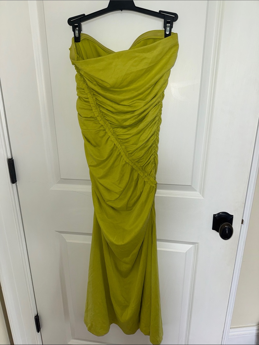 Strapless Ruched Mermaid Gown in Olive
